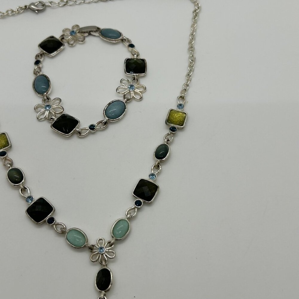 Multi Color Link Chocker Necklace & Bracelet Set Silver Setting With Multi Color - Picture 4 of 16